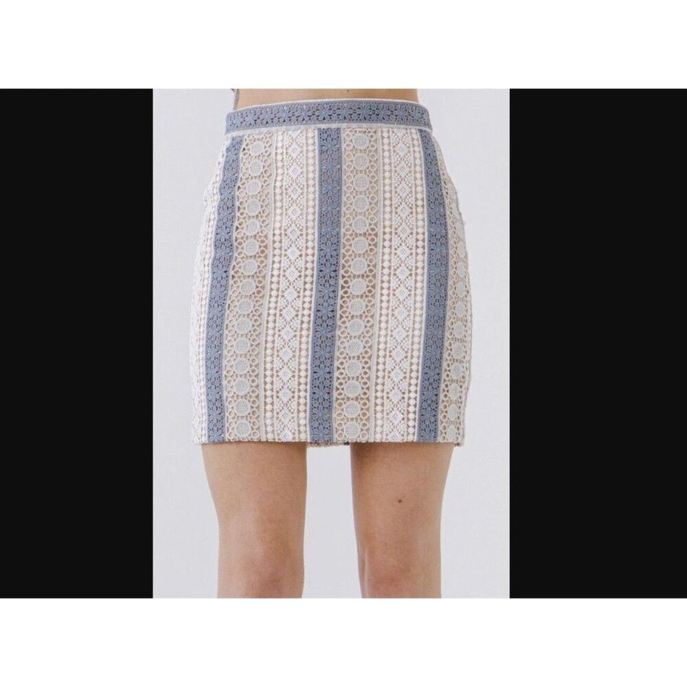 NWT Endless Rose x Anthropologie Crochet Lace Striped Mini Skirt XS Blue White